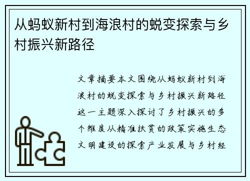 从蚂蚁新村到海浪村的蜕变探索与乡村振兴新路径